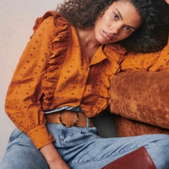 SOLD NWT Sézane Boby Blouse in Saffron Embroidered Eyelet Ruffle Top 34 US 2 - Picture 6 of 7